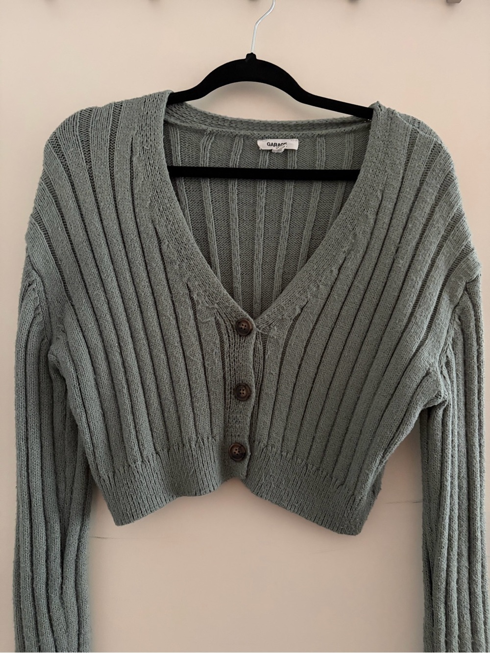 Garage Sage Green Ribbed Cropped Button Cardigan